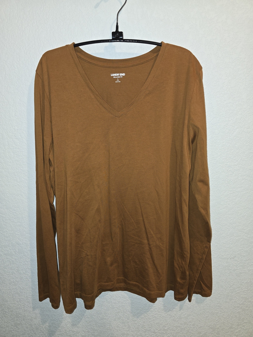 Lands' End Camel Brown V-Neck Long Sleeve Tee - Size L (14-16)